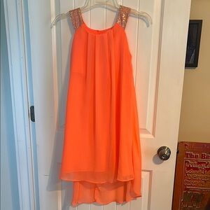 Neon Orange Sleeveless women’s mini Dress with Sequin Straps